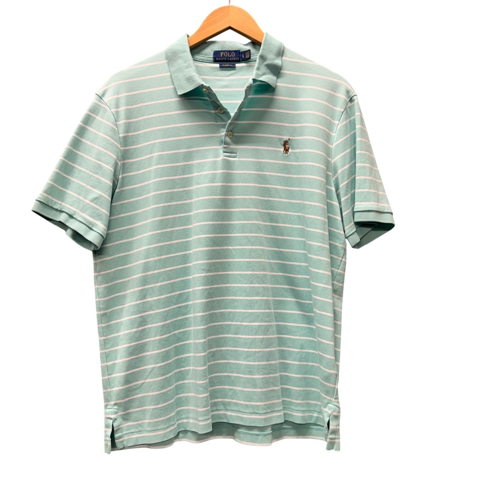 Polo Ralph Lauren Polo Shirt Mens L Classic Fit Mint Green Striped Flesh Pony